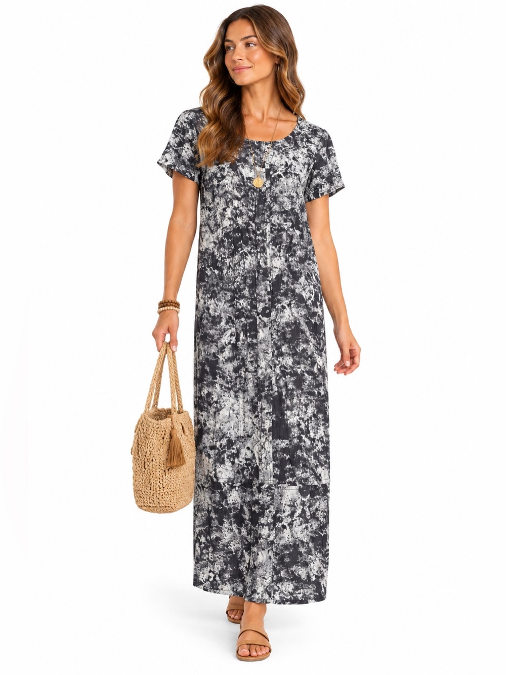 Willow & Clay Abstract Print Maxi Dress S Black Gray Rayon Viscose Monochrome